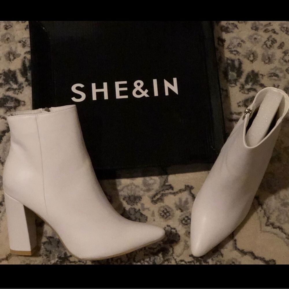 White ankle heeled boots